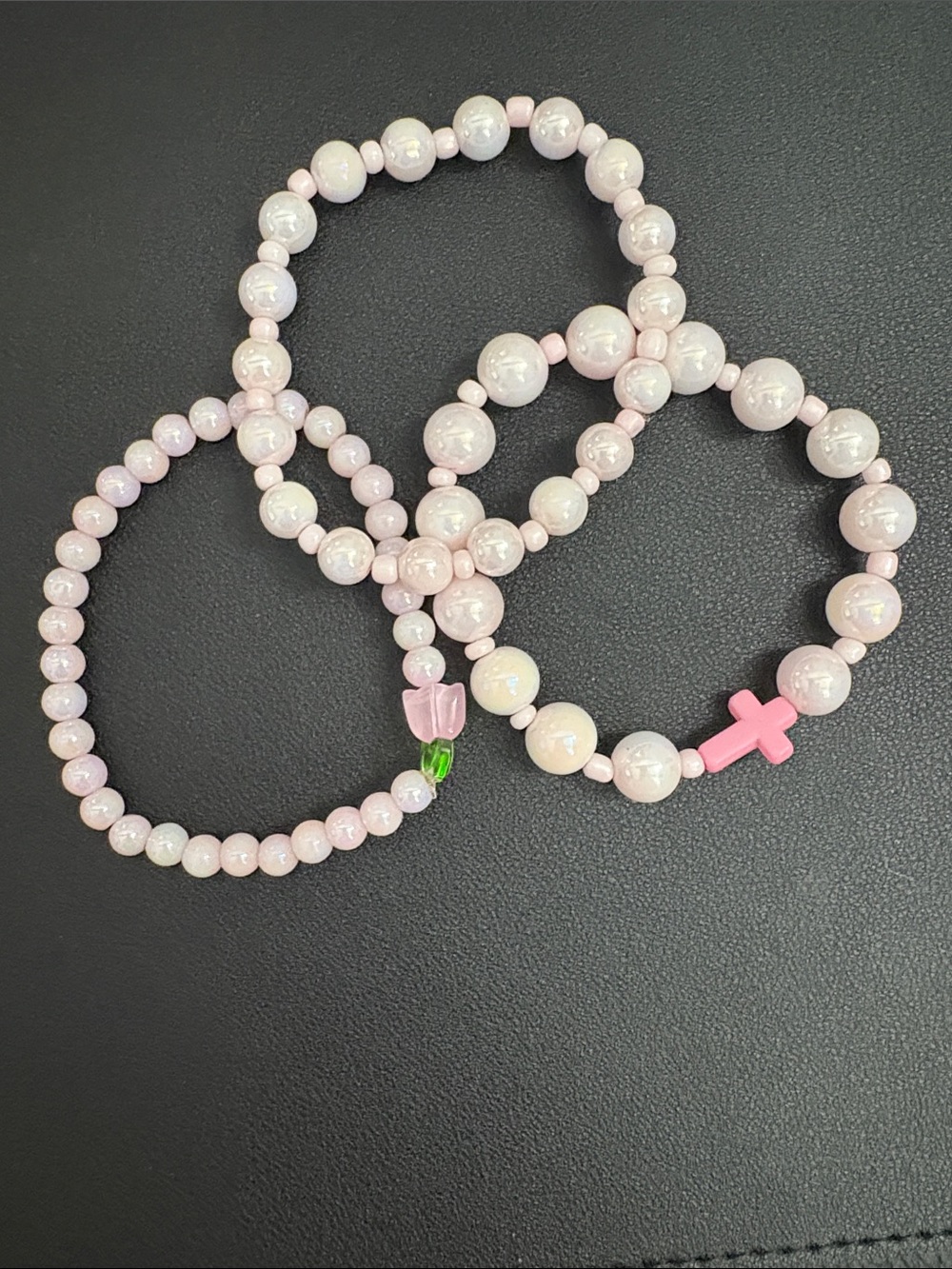 Pink glass Beaded Bracelet Set with Cross and Flower Charm